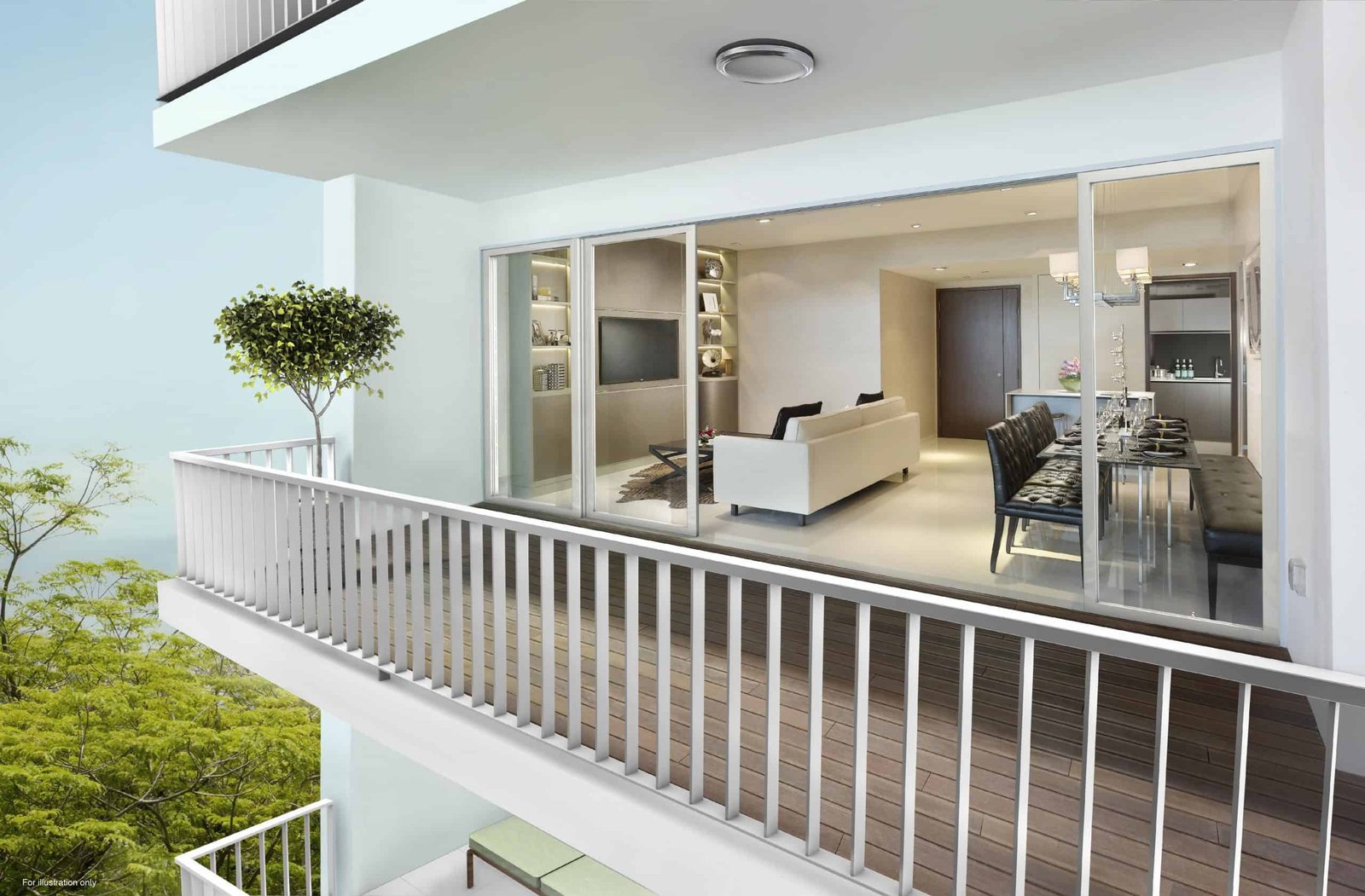 Modern balcony with a small tree, overlooking a stylish living room featuring a white sofa and a dining area with sleek black chairs.