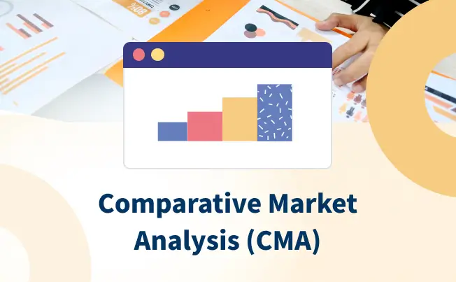 Illustration of a Comparative Market Analysis (CMA) with colorful bar graphs and a person reviewing market data documents in the background.