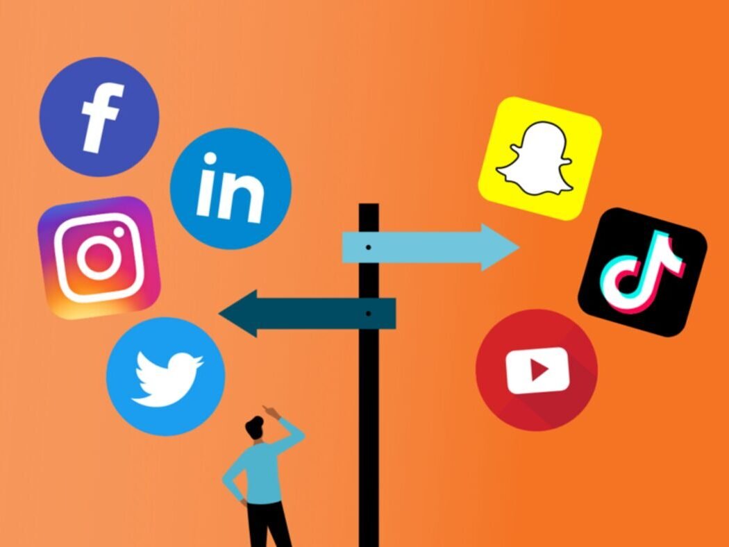 A person stands thoughtfully by a signpost with arrows pointing to various social media icons on an orange background.
