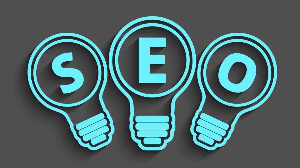 Three glowing light bulbs, each inscribed with the acronym "SEO," symbolizing ideas and innovation in digital marketing.