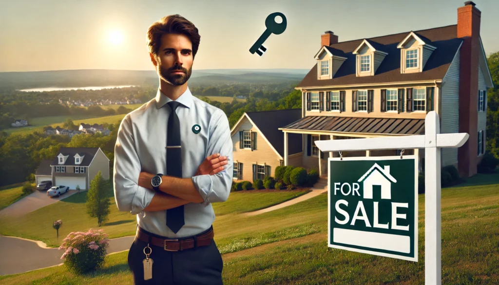 A confident real estate agent stands in front of a large house with a 'For Sale' sign, showcasing a picturesque landscape at sunset.