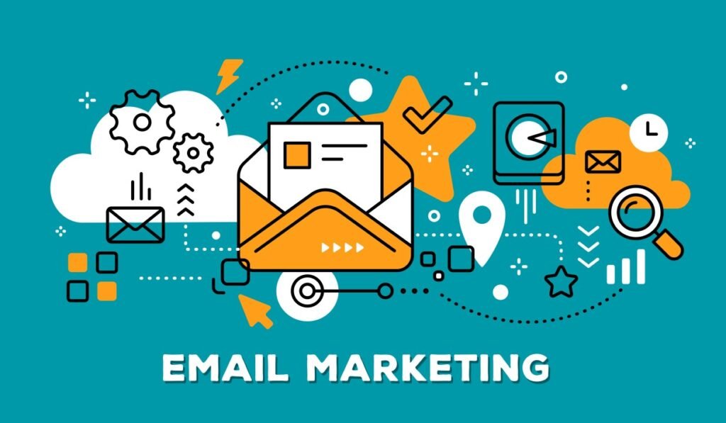 Colorful illustration of email marketing concepts, featuring an envelope, gears, and icons representing communication and analytics.