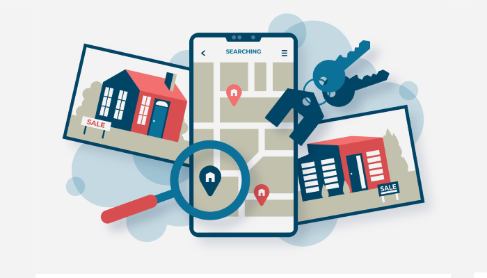 Graphic depicting a smartphone displaying a property search, surrounded by house images, a magnifying glass, and keys.