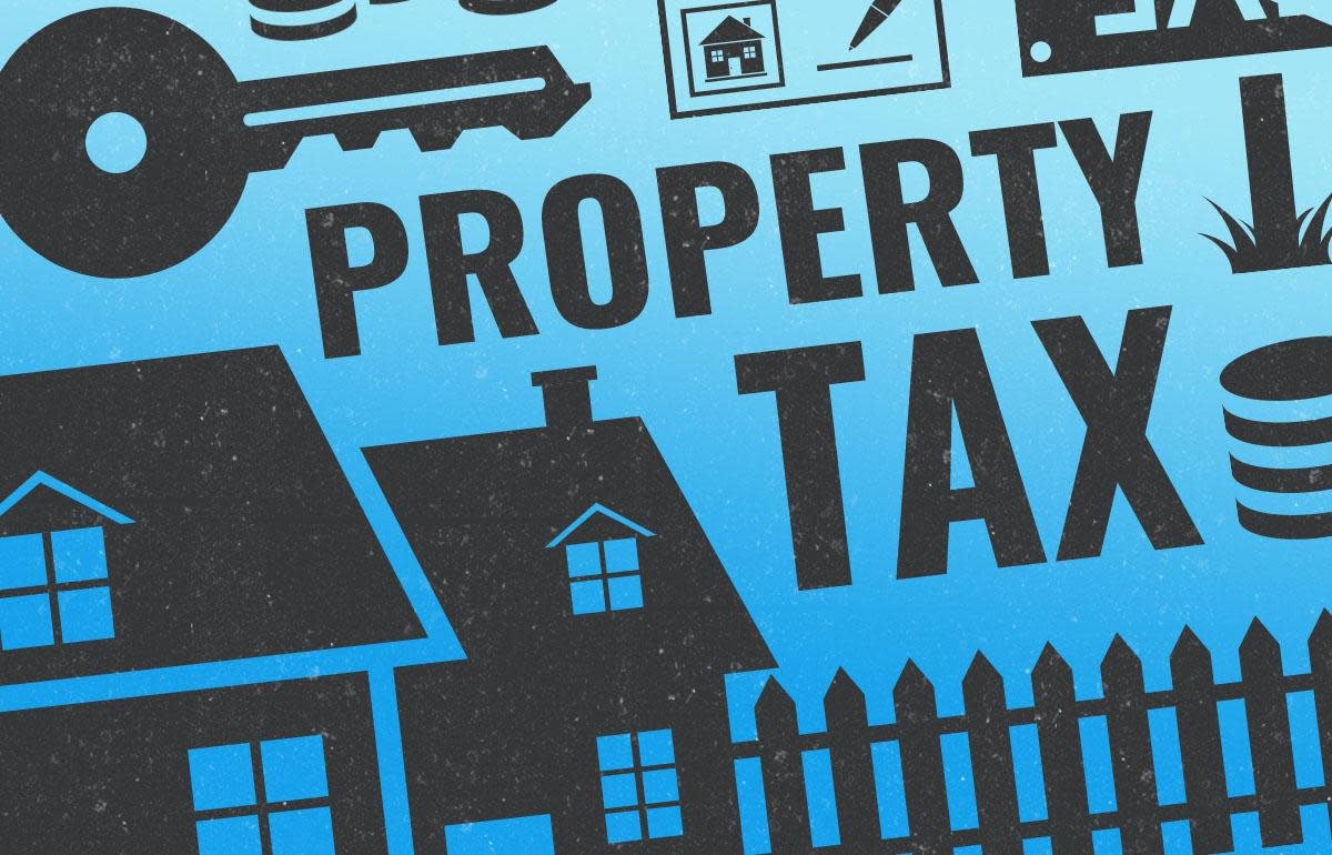 Graphic featuring the words "PROPERTY TAX" alongside icons like keys, houses, and coins, set against a gradient blue background.
