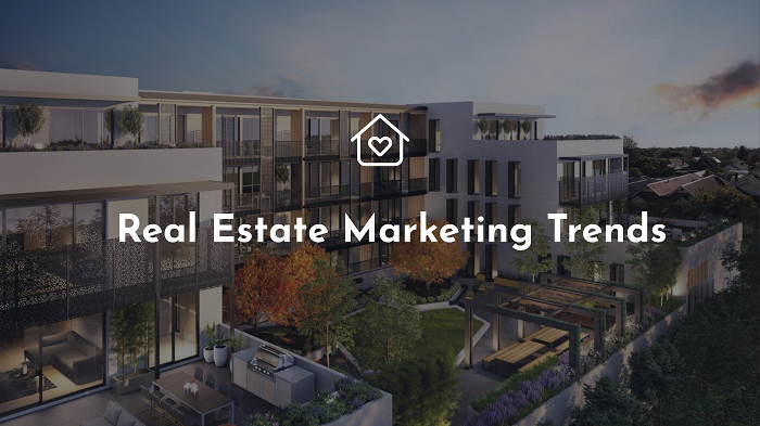 Modern multi-story residential buildings with landscaped gardens, featuring the text "Real Estate Marketing Trends" overlayed.