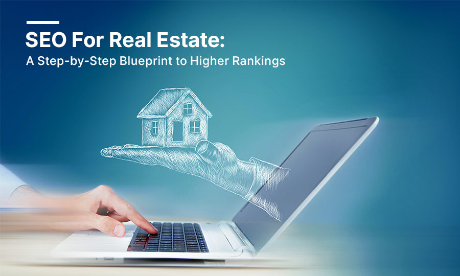 A hand reaches from a laptop, presenting a graphic of a house, symbolizing SEO strategies for real estate success.