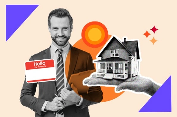 A well-dressed individual holds a clipboard and a name tag, while a hand presents a model house against a colorful background.