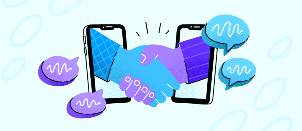 Two animated hands shake between two smartphones, surrounded by colorful speech bubbles, symbolizing digital communication and collaboration.