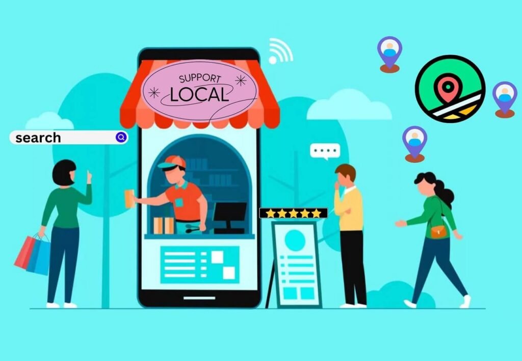 A digital storefront under a "Support Local" sign with shoppers interacting and icons representing search and location services.