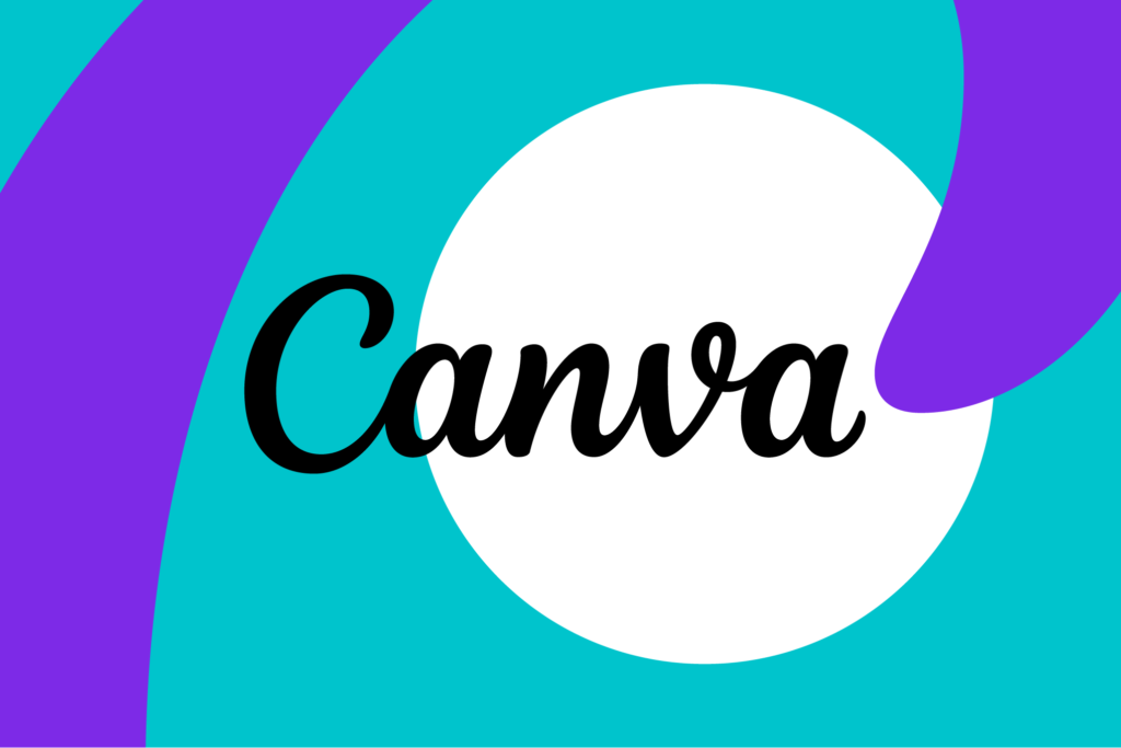 The Canva logo features the word Canva in black cursive text over a white circle, set against a turquoise background with bold, curved purple shapes.