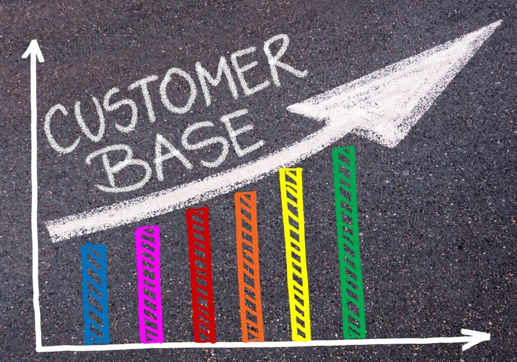 A chalk drawing on asphalt displays an upward arrow labeled CUSTOMER BASE above a colorful bar graph, symbolizing growth—perfect for illustrating how Expanding Your Client Base with Dwelio drives customer numbers higher.