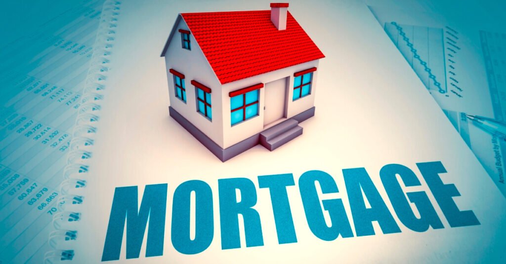 A small house model placed on a document featuring the word "MORTGAGE" in bold letters, with financial papers in the background.
