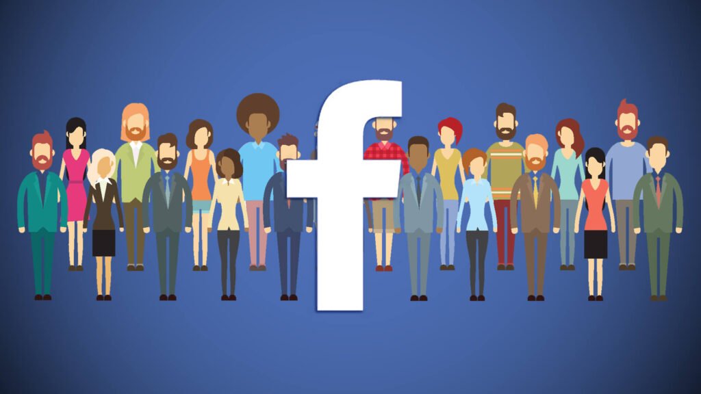 A diverse group of illustrated people stands in front of a large Facebook logo against a blue background.
