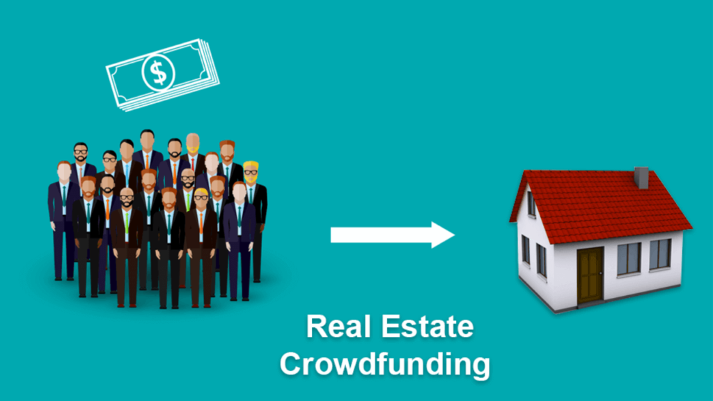 A group of diverse individuals stands with cash above them, directed towards a small house, symbolizing real estate crowdfunding.