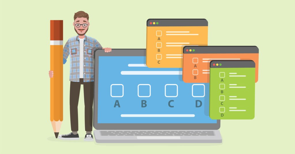 A smiling person holding a large pencil stands next to a laptop displaying multiple-choice answer options (A, B, C, D), ready to run polls and quizzes. Three colorful quiz windows appear above the screen. The light green background adds a lively touch.