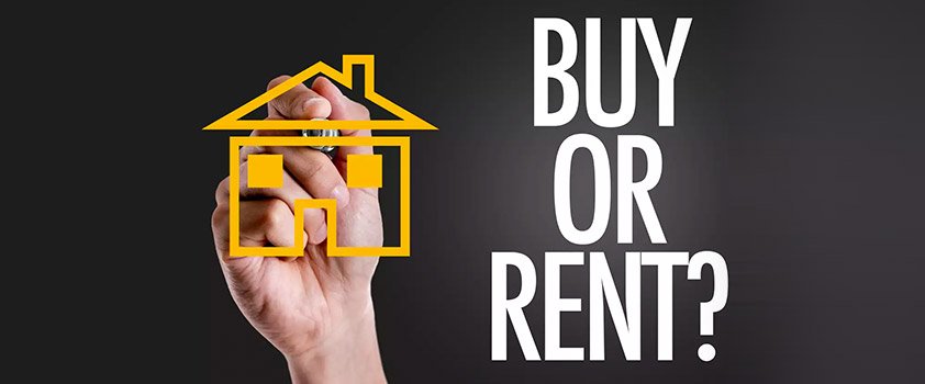 A hand drawing a house outline alongside bold text asking "Buy or Rent?" against a dark background.