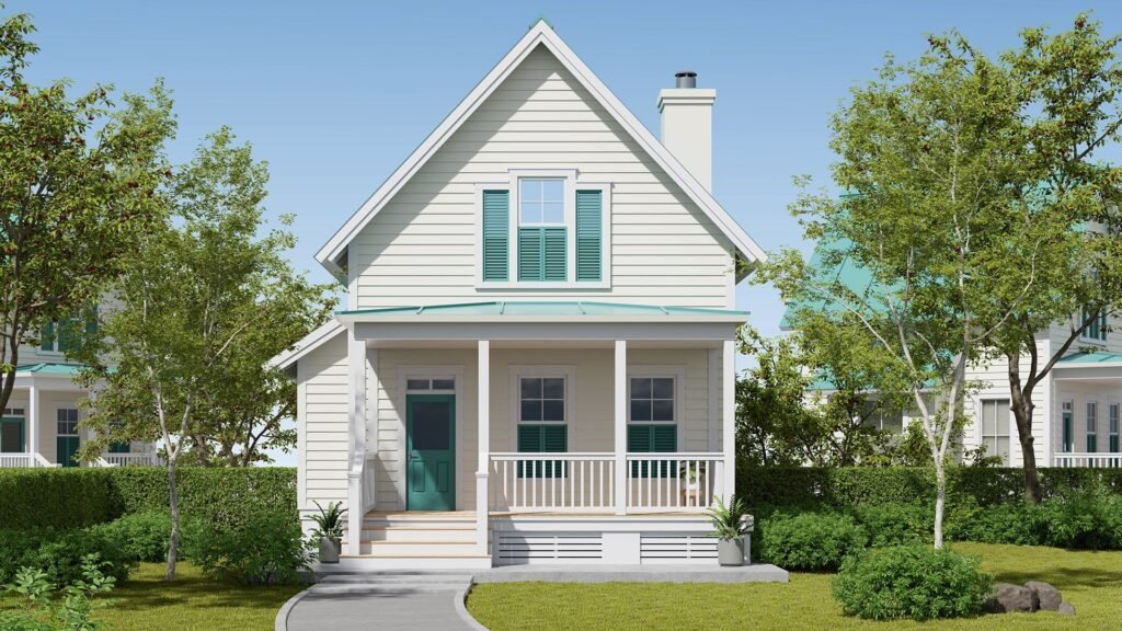 A charming two-story house with a light exterior, teal accents, and a welcoming front porch, surrounded by lush greenery and trees.