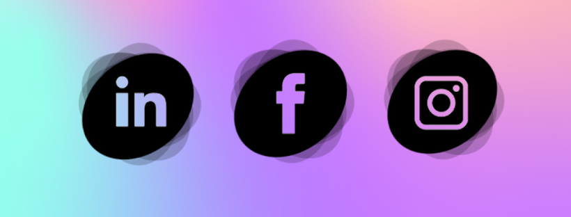 Three social media icons (LinkedIn, Facebook, Instagram) against a soft gradient background of aqua and purple hues.