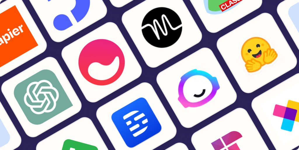 A collage of various app logos, including ChatGPT, Zapier, and more, showcasing diverse digital tools and services on a dark background.