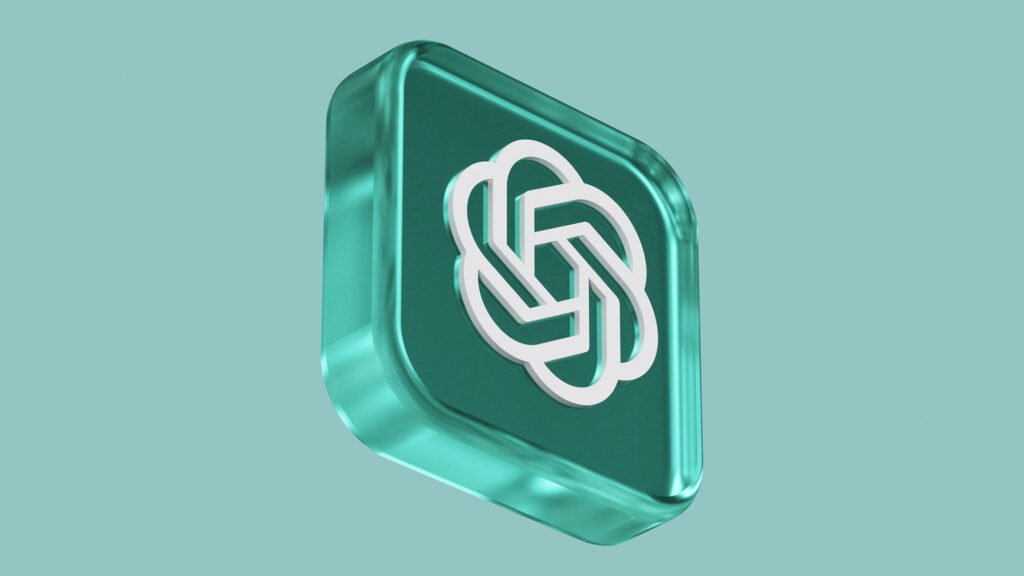 A 3D teal-green button featuring a stylized white OpenAI logo, set against a soft turquoise background.