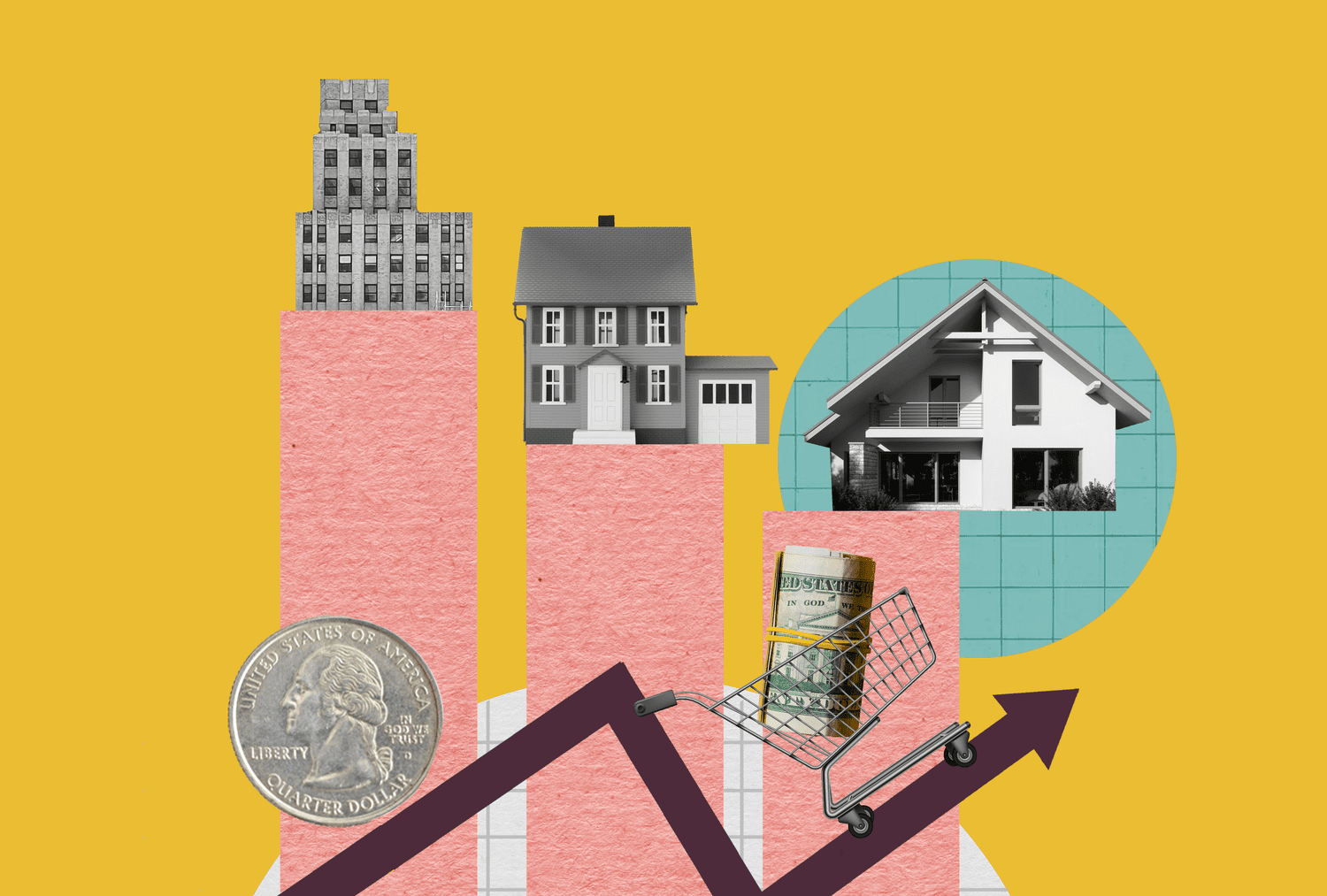 A collage depicting a downfall housing markets with buildings, houses, money, and a shopping cart on a vibrant yellow background.