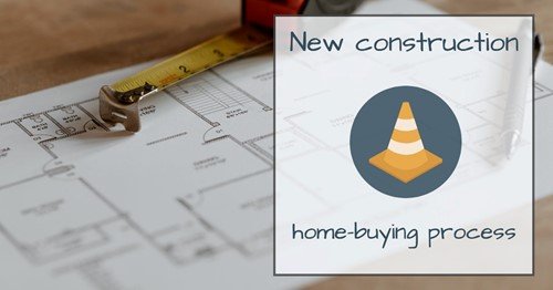Blueprint of a new construction home with a measuring tape and a graphic icon indicating the home-buying process.