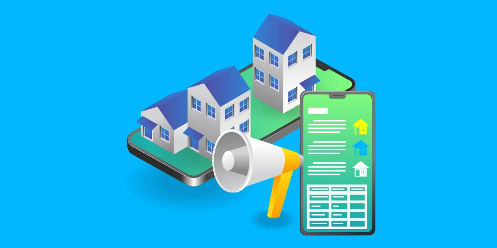 Illustration of three houses on a smartphone with a megaphone, symbolizing real estate marketing and digital property listings.