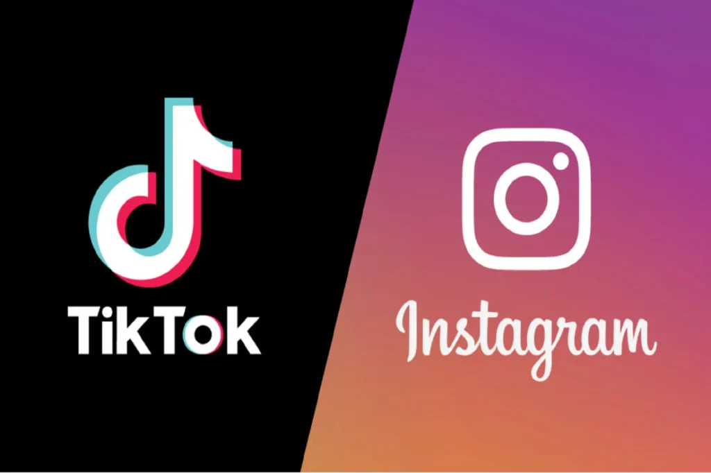 Split image showing the TikTok vs Instagram logos and text—TikTok on the left with a black background, and Instagram on the right with a pink-orange gradient for a bold side-by-side comparison.