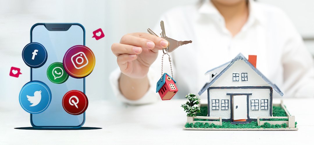 A person holds keys in front of a model house, alongside a smartphone displaying popular social media icons, symbolizing real estate marketing.