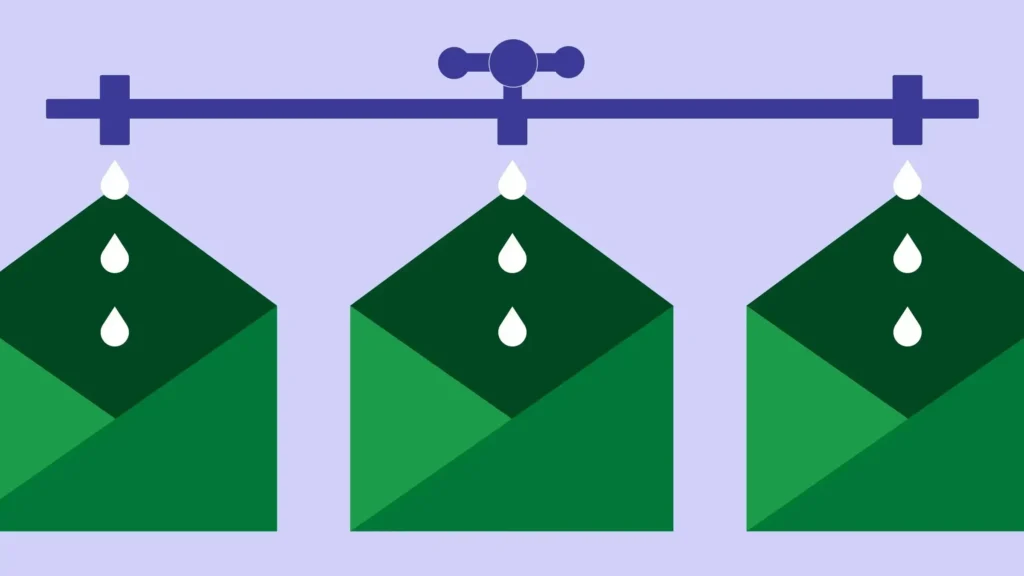A faucet dripping water above three green envelopes, representing a concept related Email marketing strategy templates.