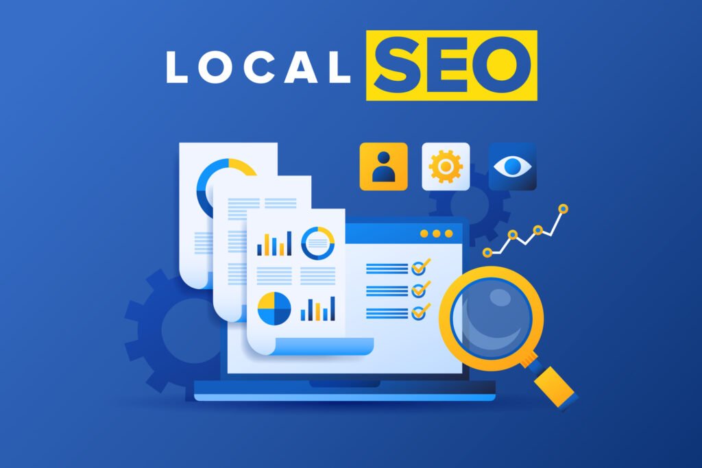 Illustration depicting "Local SEO" with a laptop, documents, charts, and a magnifying glass, emphasizing data analysis and optimization.