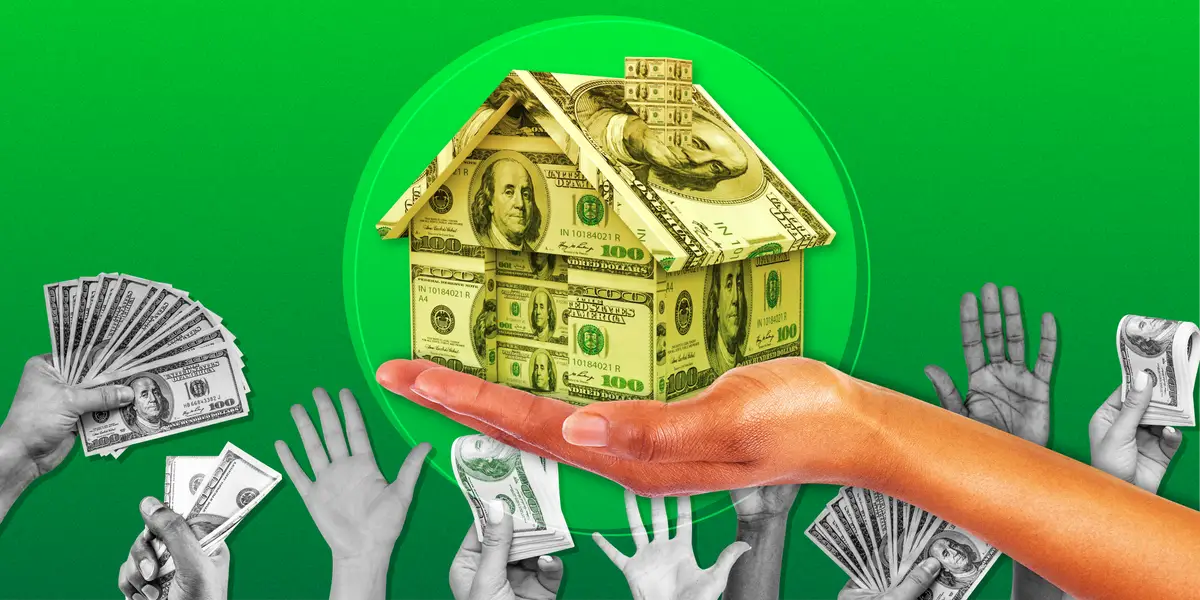 A hand holds a house made of dollar bills, surrounded by hands reaching out with cash, set against a vibrant green background.
