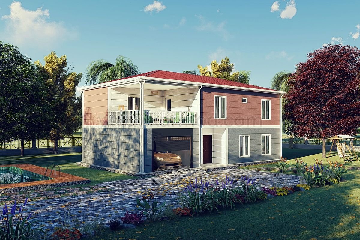 A modern two-story house with a red roof, parked car, garden, swimming pool, and vibrant flower beds under a clear blue sky.