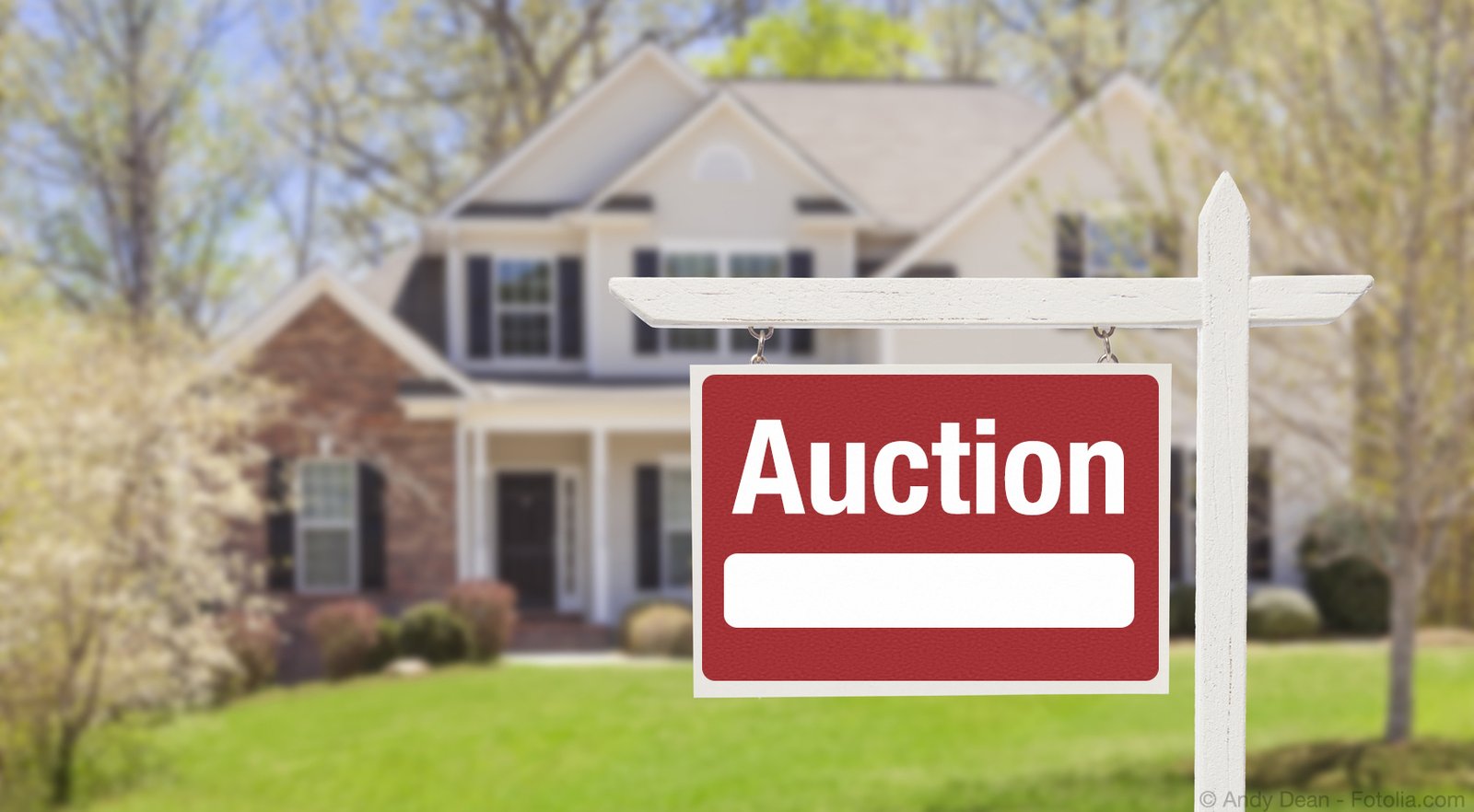 A "For Auction" sign in front of a suburban home, surrounded by green grass and trees, signaling a property auction event.