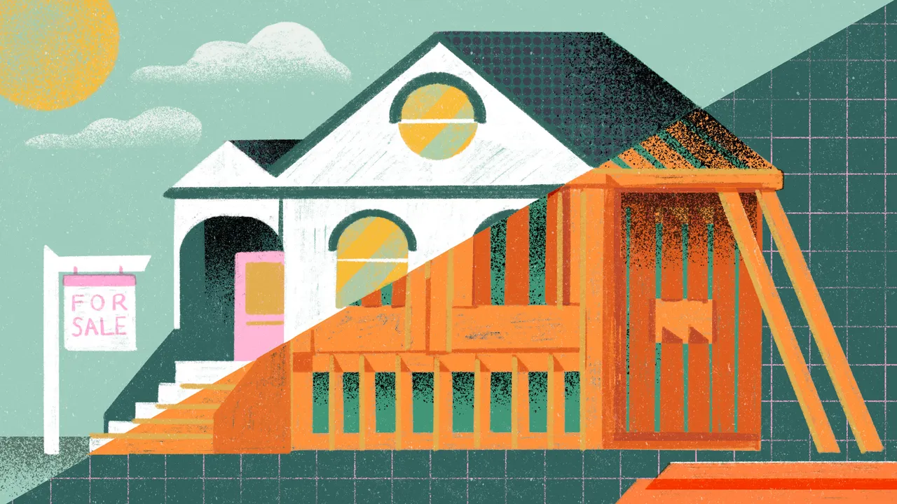 A split illustration showing a house for sale on one side and a partially constructed building on the other, with vibrant colors.